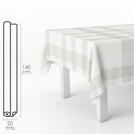 Mantel Hule Rectangular Cuadros Beis. Impermeable Antimanchas PVC 140 cm. x 20 metros. Rollo Recortable. Interior y Exterior