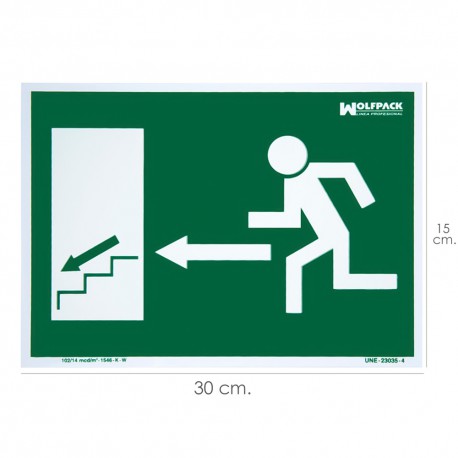 Cartel / Señal Fluorescente Salida Escalera Izquierda Abajo 30 x 21 (Alt.) cm.