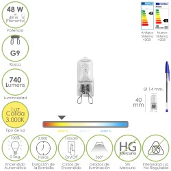 Bombilla Halogena G-9. 48 W. 740 lumenes. Luz cálida (3.000º K.)