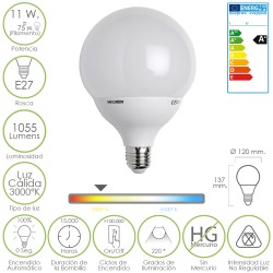 Bombilla Led Globo E27.  11 W. = 75 w. 1055 lúmenes. Luz Calida (3000ºK)