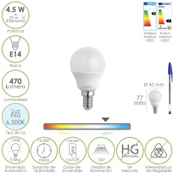 Bombilla Led Esferica Rosca E14 4.5 Watt. Equivale A 35 Watt. 470 Lumenes. Luz Fria (6500º K)